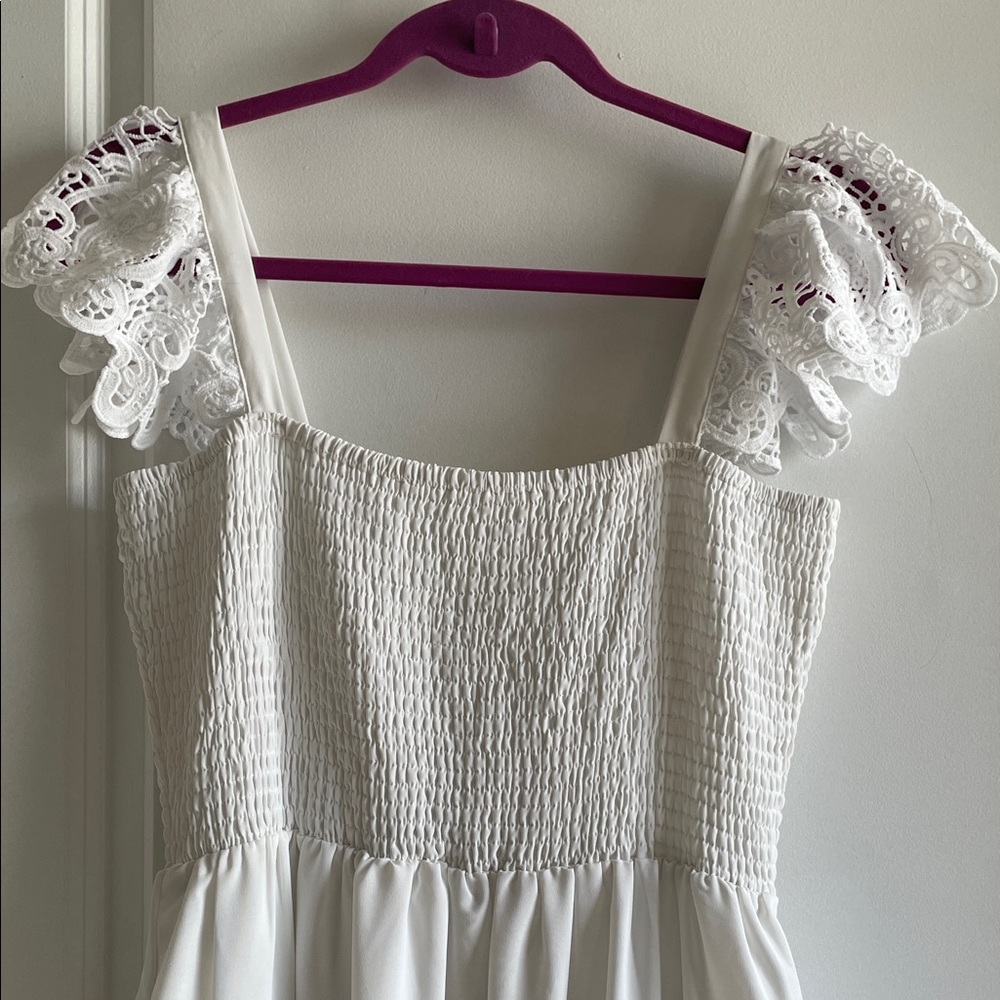 White Maxi Dress with lace, smocked, pockets, flutter sleeve, spring summer - Picture 5 of 16
